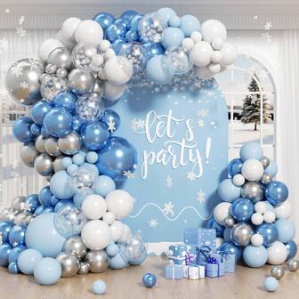 104 piezas Kit de arco de globos con copos de nieve de color azul invernal con globos metálicos blancos, rosas, azules y plateados, globos con copos de nieve para baby shower, cumpleaños de niño/niña, decoración de fiesta de aniversario