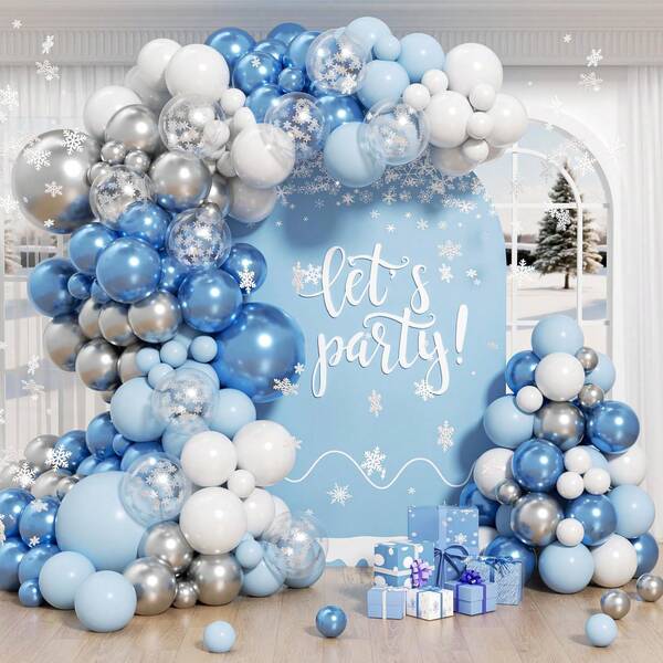 104pcs Winter Blue Snowflake Balloon Arch Kit With Metallic White, Pink, Blue And Silver Balloons, Snowflake Balloons For Baby Shower, Boy/Girl Birthday, Anniversary Party Decor