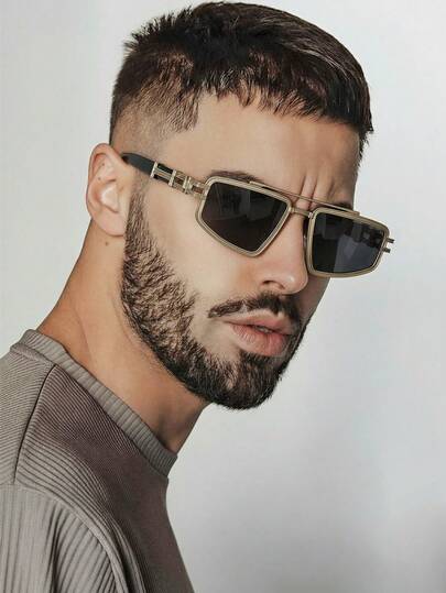 1 Par de Óculos Masculinos Dourados com Armação de Metal em Formato de Escudo, Ponte Dupla Personalizada, Hastes Vazadas, Estilo Retrô e Streetwear