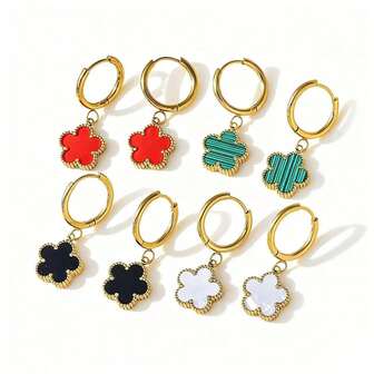 1 Pair French Luxury 5-Leaf Flower & Shell Pendant Stainless Steel Earrings, Unique Design For Women