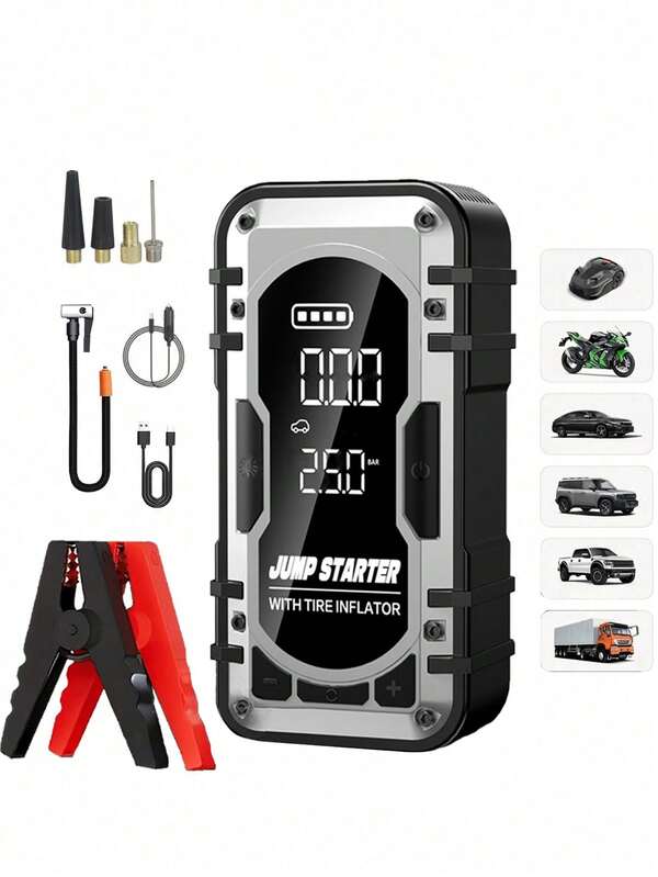 Car Battery Jump Starter With Air Compressor, 1000A 150PSI Car Jump Starter Jump Box (All Gas/10L), Car Battery Jumper Starter Portable Jumper Cables, Large LCD Display, LED Light