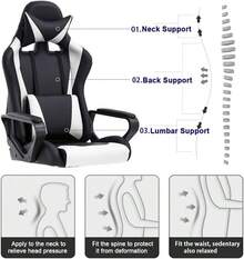 High-Back Gaming Chair PC Office Chair Computer Racing Chair PU Desk Task Chair Ergonomic Executive Swivel Rolling Chair With Lumbar Support For Back Pain Women, Men,White - 黑色 - 查看 4