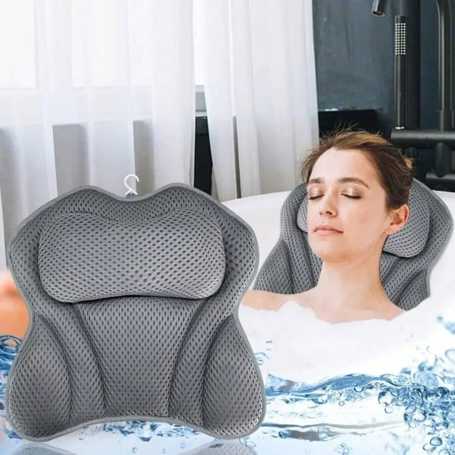 4D Air Mesh Bathtub Pillow, Ergonomic Soft Bath Cushion For Head Neck Support, Machine Washable Quick Dry Bathroom Spa Pillow - Grey - View 1