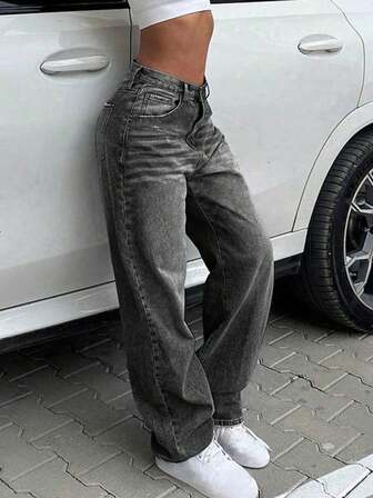 Damen Retro Lässig Loose Straight Leg Jeans