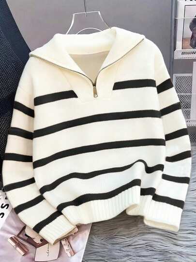 1pc Girls & Teens' Casual Striped Crew Neck Pullover Sweater, Comfortable & Warm, Suitable For Spring, Autumn, Winter