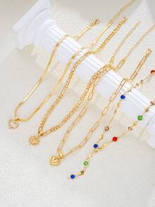 4pcs/Set Elegant Vintage Bohemian Style Women's Faux Pearl Colorful Heart Pendant Tassel Y-Necklace Set, Suitable For Daily, Party, Date, Wedding, Vacation, Multi-Layer Wear, Delicate Necklace, 2025 New Collection - Gold - View 2