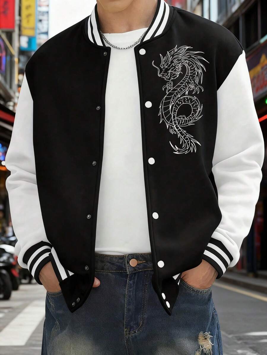 Chinese Style Dragon Embroidery Baseball Jacket, Best-Selling Men's Top, Lightweight And Warm Men's Baseball Jacket, Fleece-Lined Men's Jacket, Cute Top, Hip-Hop Rock Jacket Coat - 黑與白 - 查看 1
