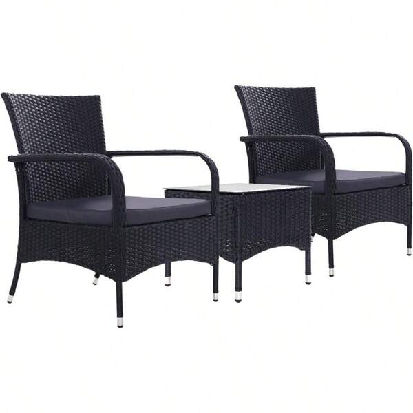 3pcs Wicker Patio Furniture Bistro Set Table And Chairs Outdoor Lounge Setting Conversation Sets Dining Chair Garden Backyard Cushion With Rattan Coffee Table Glass Tabletop Black XL