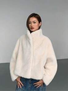 女士奢华黑色仿皮草外套，常规版型，长袖立领夹克 - 白色 - 查看 10