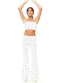 Womens Fold Over Yoga Pants Polka Dot Print Low Rise Lounge Flare Sweatpants Foldover Leggings - trắng - Xem 3