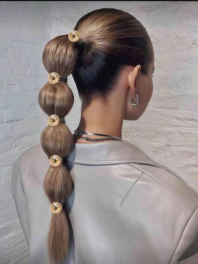 5pcs Women's Fashion Elegant & Chic Y2K Style Silver & Gold Beaded Hair Accessories, Hair Ties, Scrunchies, Suitable For Daily Wear