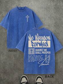 Retro Washed T-Shirt Double Sided Printed (230 Pure Cotton T-Shirt) 'No Weapon Formed Against Me Shall Prosper'  Letter And Cross Pattern Print,  Christian Gift, Mens TShirt, Mens Casual, Comfortable, Fashionable T-Shirt, Street Style Cotton - 寶藍色 - 查看 1