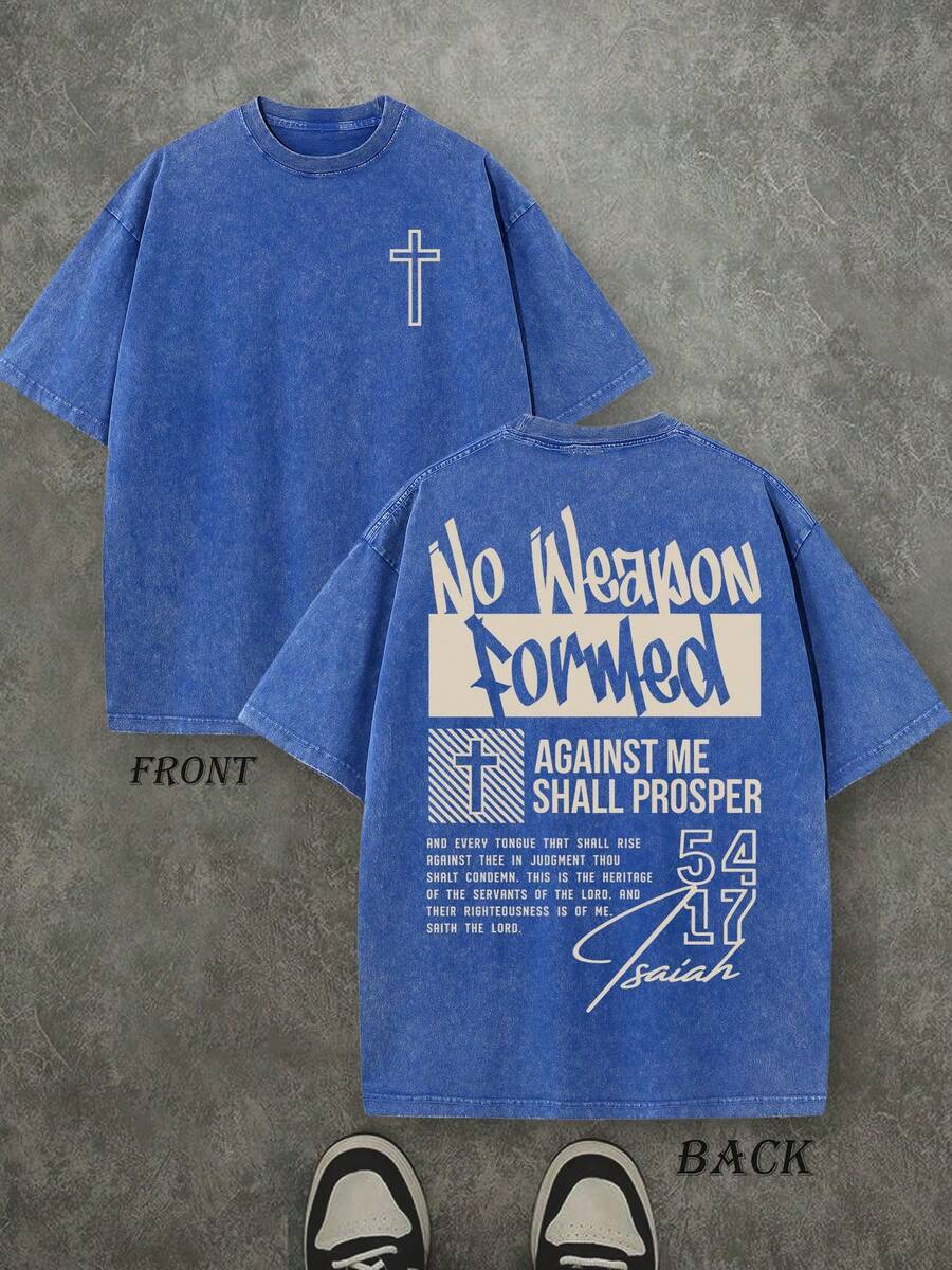 Retro Washed T-Shirt Double Sided Printed (230 Pure Cotton T-Shirt) 'No Weapon Formed Against Me Shall Prosper' Letter And Cross Pattern Print, Christian Gift, Mens TShirt, Mens Casual, Comfortable, Fashionable T-Shirt, Street Style Cotton - 寶藍色 - 查看 1