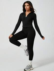 NcmRyu 1 Set Women Seamless Ribbed Zip Mock Neck Long Sleeve High Waist Skinny Pants Activewear Set - 黑色 - 查看 7