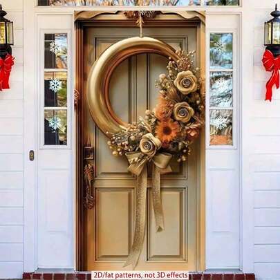 2D Flat Door Banner 1pc Elegant Eid Mubarak Background Polyester Banner Elegant Crescent - Shaped Wreath With Floral Arrangement For Door Decoration Perfect For Ramadan And Eid Celebrations, Muslim Party Decorations, Ramadan Decorations