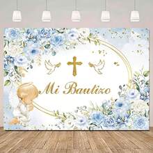 A Pc Blue Floral Baptism Background Cloth With Gold Rings And Blue Floral Design, Suitable For Baptisms, Birthdays, Gift Parties, Religious Events, Party Banners, Birthday Party Decorations, Baptism Cake Table Decorations, And Portrait Photography Backgrounds. - Multicolor - View 2