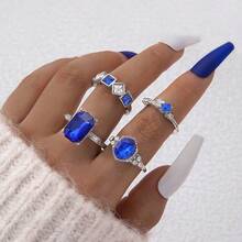 Cross-Border Luxury Accessories Geometric Gemstone Ring Colorful Inlaid Diamond Four-Piece Ring Set - 23643-xanh - Xem 9