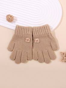 1双儿童可爱卡通熊贴花保暖针织手套，防风保暖，男女童均适用，秋冬季