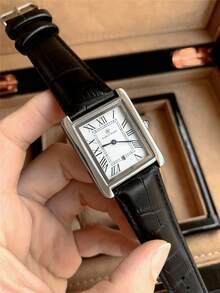 Pablo Raez 原创魅力情侣腕表，奢华男女经典腕表，长方形罗马数字复古中性不锈钢情侣腕表，带日期显示，银色表盘，黑色超细纤维皮革表带，时尚全新 AAA 设计男女石英腕表