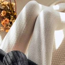 女士针织麻花打底裤，条纹紧身裤，薄款抓绒保暖裤，春秋季 - 乳白色 - 查看 3