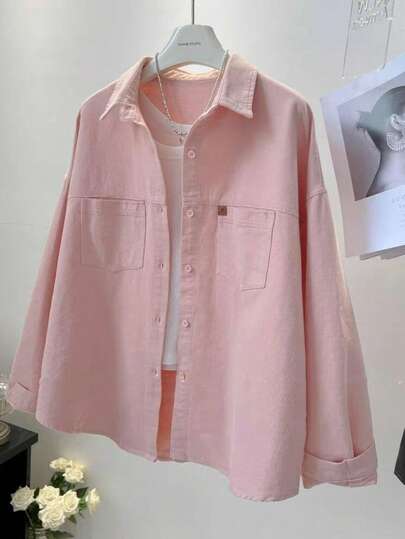 Plus Size Women's Spring/Summer Dropped Shoulder Long Sleeve Single-Breasted Casual Pocket Shirt