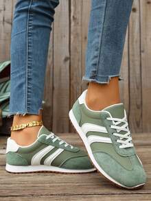 女士多功能运动休闲鞋，平底防滑系带圆头橡胶底休闲运动鞋，绿白撞色设计，适合日常通勤、休闲穿着，尺码齐全（欧码36-43），时尚百搭 - 綠色 - 查看 6