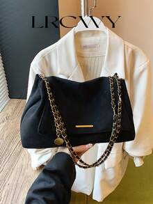 女士单肩包，翻盖软包，仿麂皮绒面哑光PU材质，时尚秋冬优雅复古简约风，金属配件设计，金属链条，适合女性、女孩、大学生，适合购物、通勤，黑色 - 黑色 - 查看 3