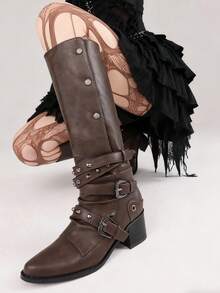 Punk Knee High Boots Gothic Pointed Toe Metallic Studded Buckle Chunky Heel Boots Motorcycle Sexy Party Christmas Dress Riding Boots With Stud - 棕色 - 查看 4