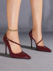 女士酒红色尖头细高跟鞋，舒适时尚休闲派对简约优雅百搭高跟鞋 - 酒紅色 - 查看 4