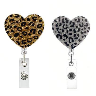 TONAVIETO 1pc Leopard Glitter Heart Badge Reel, Retractable Funny Badge Reel With Alligator Clip Accessories, Badge Holder For ID Name Teacher Doctor Holiday Gifts