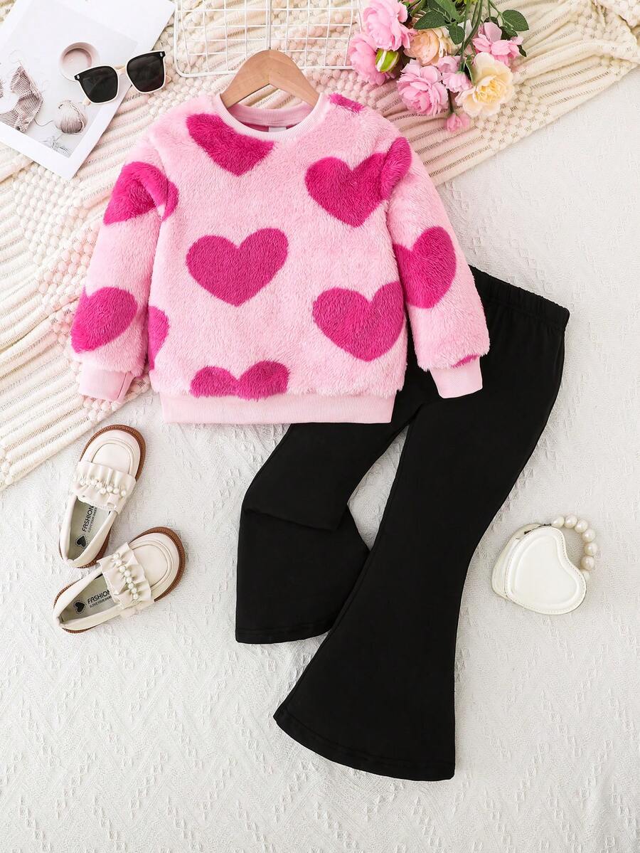Conjunto de sudadera de cuello redondo con estampado de corazón y pantalones acampanados de unicolor suave para niñas, otoño/invierno - Rosa - Ver 1