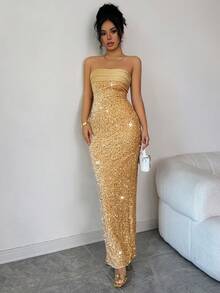 Women's Elegant Party/Date Night/Evening Gown, Satin Patchwork Satin Sequin Embroidered Strapless Bodycon Maxi Dress, Suitable For Party, Formal Occasions, New Year, Spring Festival, Thanksgiving - Gold - View 7