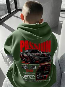 Sweatshirt Pullover Anak Laki-Laki Motif Supercar & Balap dengan Bendera Kotak-kotak di Bagian Belakang, Sweatshirt Streetwear Lengan Panjang Longgar dengan Grafis Huruf Passion Club - Hijau - View 7