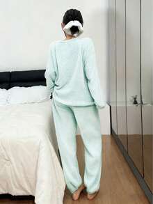2pcs Simple Fleece Fluffy Pajama Set, Autumn/Winter Warm Solid Color Round Neck Top And Elastic Waist Pants, Women Sleepwear - Blue - View 2