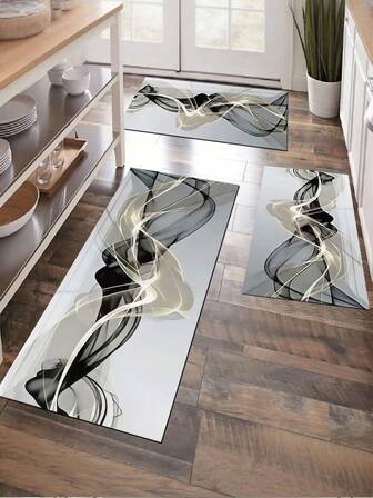 1pc Black White Gray Artistic Line Smoke Abstract Art Pattern Kitchen Mat, Modern Luxury Absorbent Quick-Dry Kitchen Carpet, Runner Rug, Indoor Entrance Carpet, Odorless Thick Soft Kitchen Floor Mat, Non-Slip Kitchen Decor Rug, Dirt-Resistant Easy To Clean Doormat, Absorbent Non-Slip Kitchen Floor Mat, Suitable For Living Room, Dining Room, Kitchen