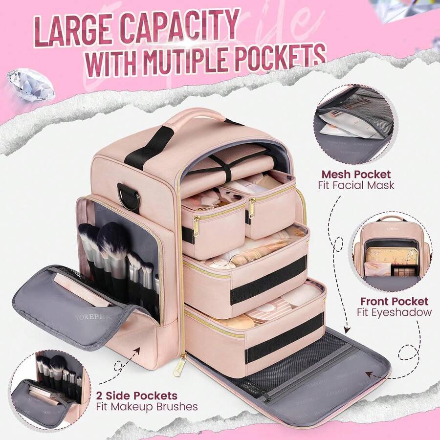 Large Travel Cosmetic Bag, Women's Storage Bag With 4 Removable Dividers And A Jewelry Storage Roll, Pink Multifunctional Portable Cosmetic Bag, Cosmetic Bag For Travel And Business Trips. - 粉色 - 查看 1