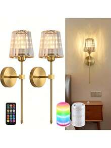 SuperYoPinny Battery Operated Crystal Wall Sconces Set Of 2, Gold Wireless Wall Sconce With USB Rechargeable LED Light Bulbs 12 Colors Dimmable Crystal Wall Lamp With Remote For Bedroom Living Room, Bulbs Included - 金色 - 查看 10