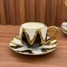 1 Set Antique Style Gold Edged&Red/Blue/Black Coffee Cup And Saucer Christmas Gifts,Irregular Emboss European Style Gold Edged Luxury Ceramic Set, Exquisite Arabic Afternoon Tea Set,Suitable For Coffee, Cappuccino Latte Cup,Milk, Flower Tea Cups, Valentine's Day, Autumn, Winter Christmas Gifts- (80ML)
