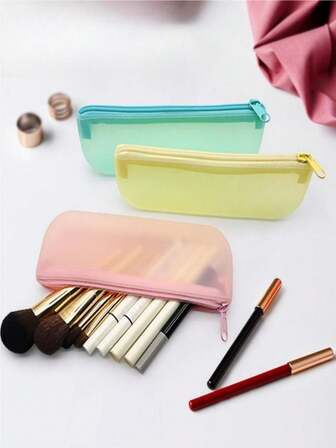 Silikonväska för sminkborstar, bärbar eyeliner, ögonbrynspenna, läppstift, kosmetikaverktyg, dammtät förvaringsväska, lämplig för resor, pendling och förvaring i hemmet. (Rosa, Blå)