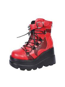 Women's Chunky Heel Riding Boots, Gothic Punk Style, Thick Sole Short Ankle Boots, Boots - Red - View 7