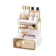 Makeup Organizer Countertop 2-Tier 1-Drawer Cosmetics Organiser Skincare Makeup Organiser Shelf Brush Holder Vanity Organiser Amber - 如圖 - 查看 1