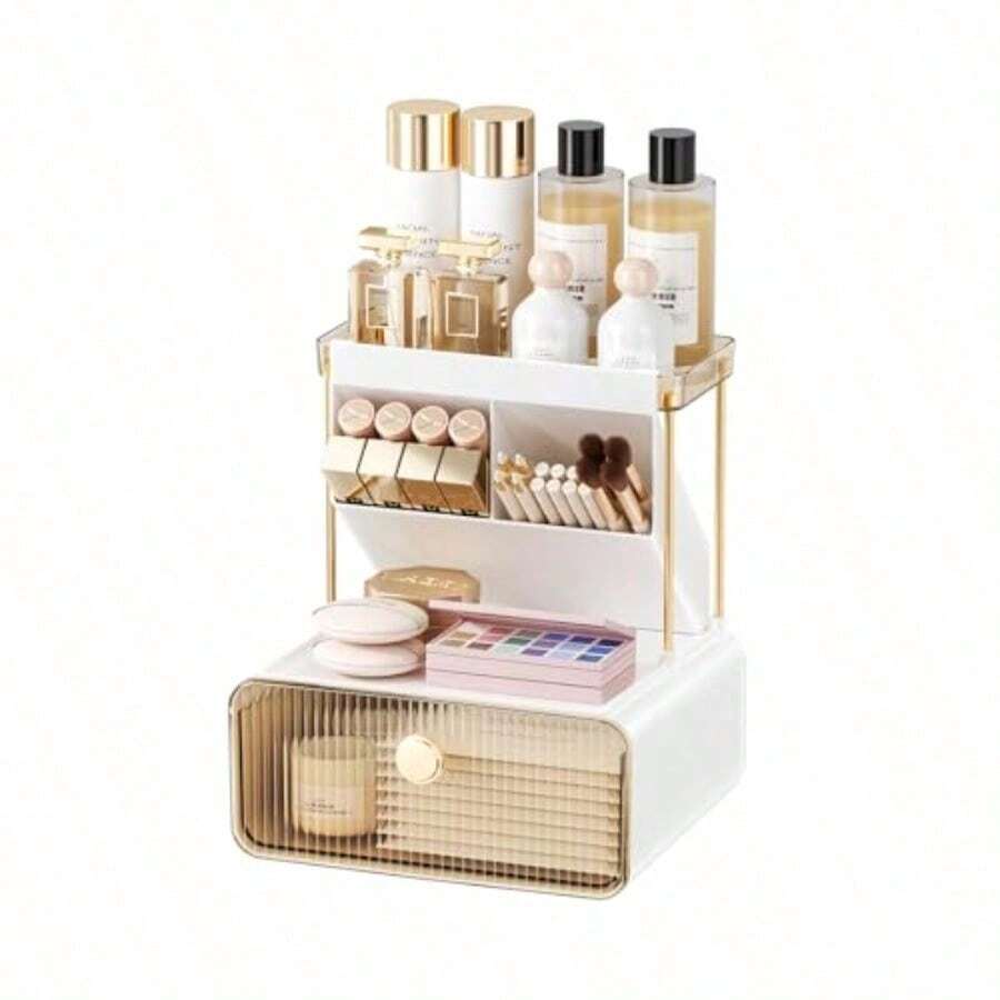 Makeup Organizer Countertop 2-Tier 1-Drawer Cosmetics Organiser Skincare Makeup Organiser Shelf Brush Holder Vanity Organiser Amber - 如圖 - 查看 1