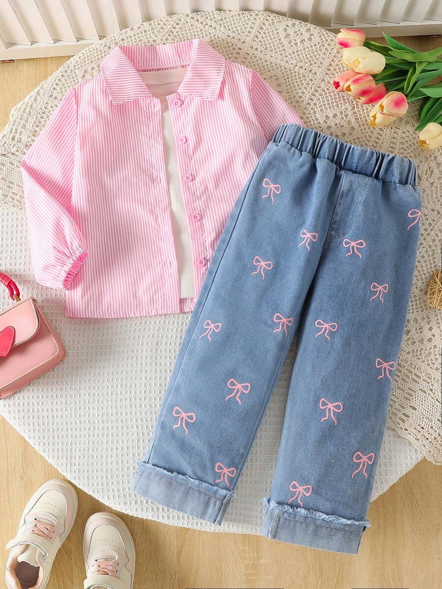 2pcs/Set Girls Young Girl 2025 Fall New Minimalist Pink & White Striped Long Sleeve Collared Shirt And Cute Butterfly Print Cuffed Straight Leg Jeans Pants Outfit - Pink - View 1