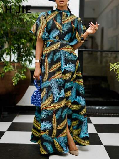 Abito camicia lungo stile boho chic per donna, con maniche corte, bottoni davanti, cintura in vita, taglio a trapezio e orlo ampio, con stampa vibrante a piume