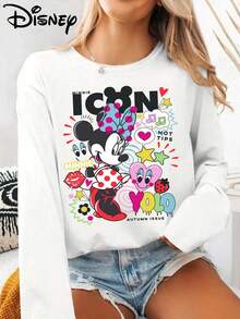 Disney Áo thun tay dài in họa tiết chuột Minnie, chất liệu co giãn, mờ đục, dễ chăm sóc, thích hợp mặc hàng ngày - trắng - Xem 1