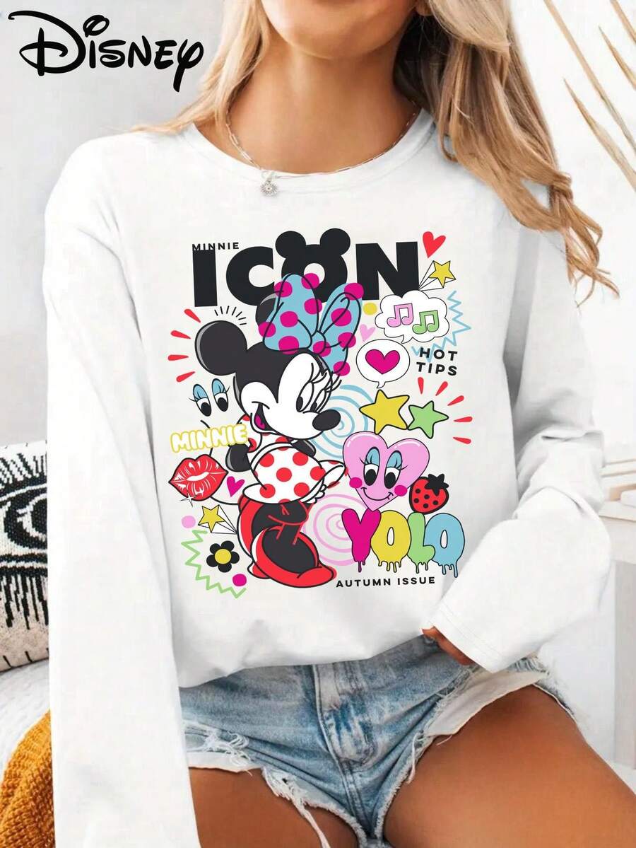 Disney Áo thun tay dài in họa tiết chuột Minnie, chất liệu co giãn, mờ đục, dễ chăm sóc, thích hợp mặc hàng ngày - trắng - Xem 1