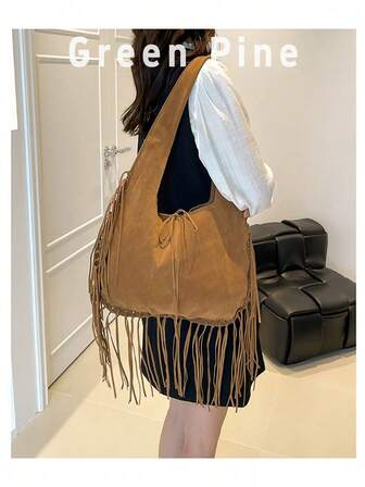 手工麂皮流苏托特包，复古风，大容量，单肩/腋下包，休闲简约饺子包