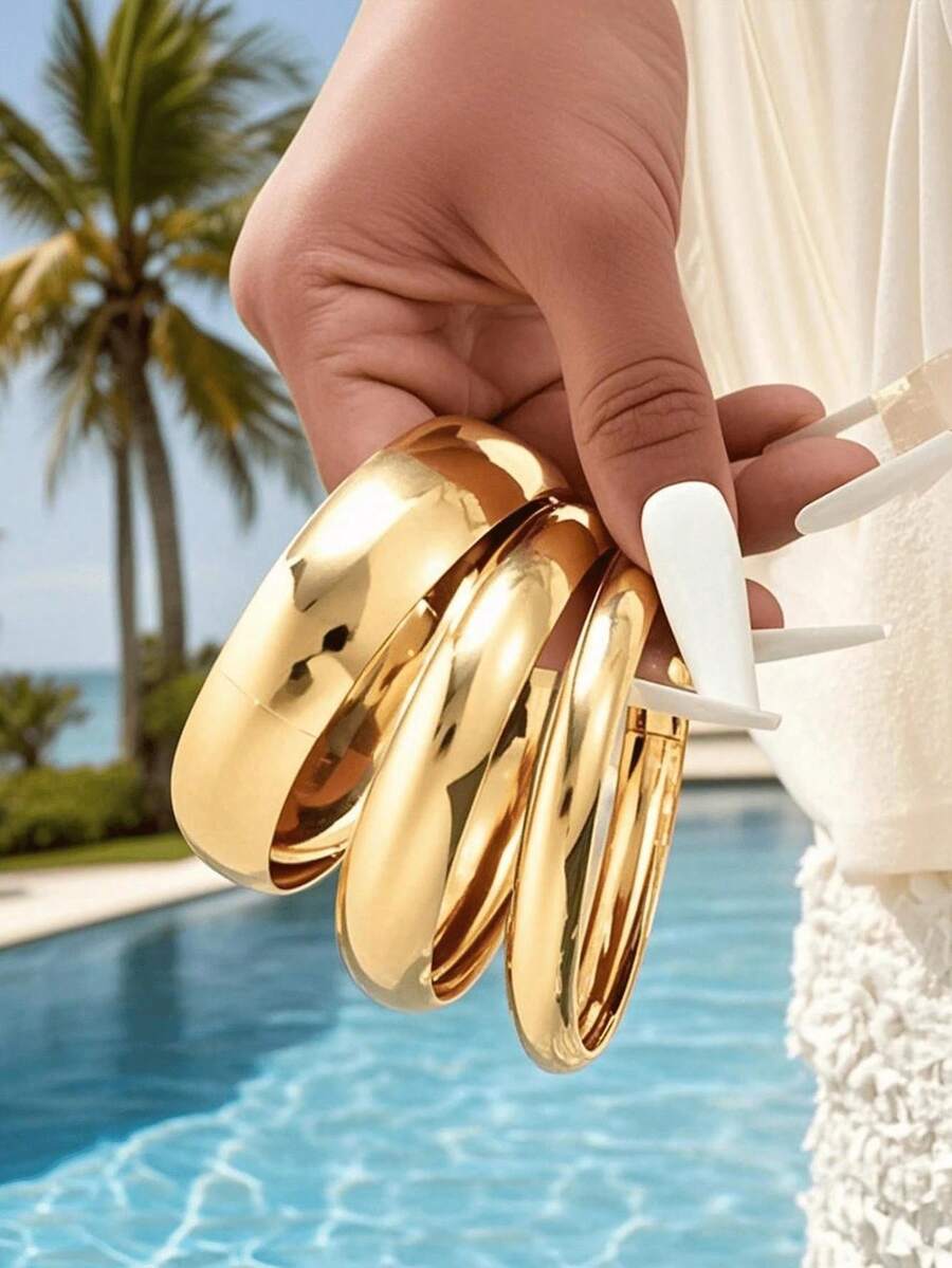 3件套奢华圆形金手镯套装,适合女性佩戴,适合正式场合、婚礼、派对、送礼。 - 金色 - 查看 1