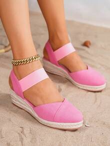 Women's Fashionable Pink Elastic Band Breathable Casual Vacation Hemp Rope Wedge Sandals - Pink - View 8