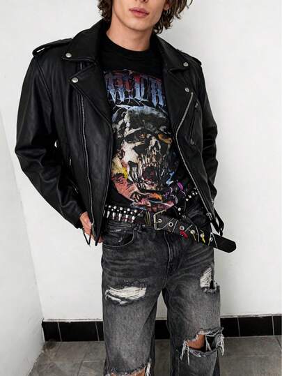 新款时尚美式铆钉不对称彩色印花朋克装饰腰带